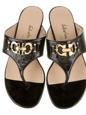 Salvatore Ferragamo Black Patent Leather Thong Sandals with Gold Hardware